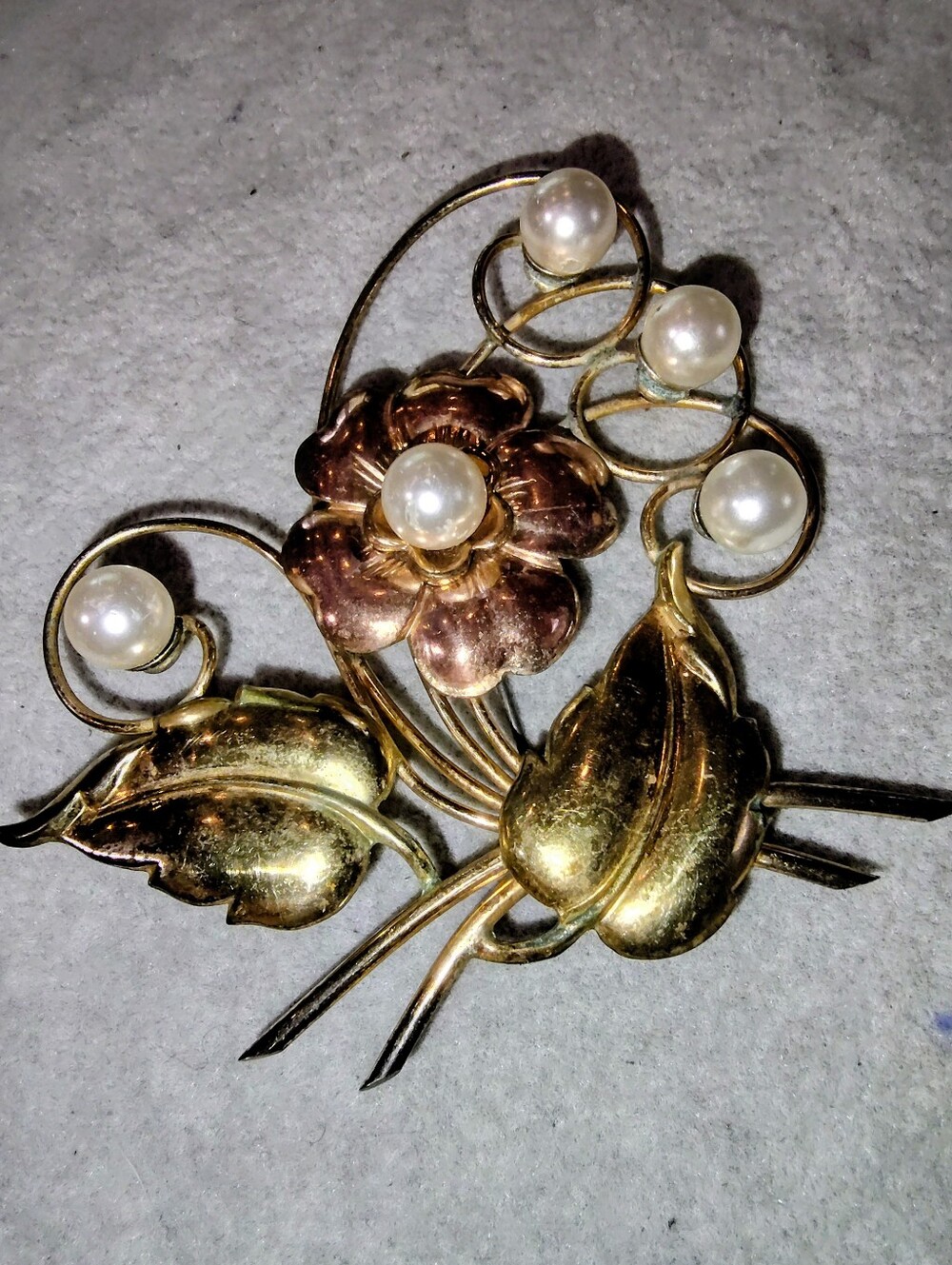 1940s Harry Iskin Gold Filled Sterling Vermeer Floral Pearl Spray Brooch 3"